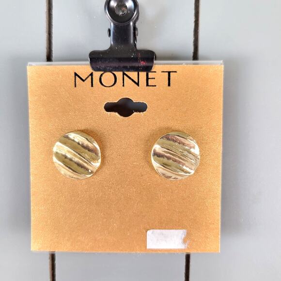 Monet Gold Tone Textured Round Pierced Earrings Vintage Style Jewelry, Gift Bag - Picture 1 of 10
